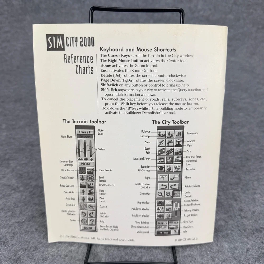 SimCity 2000 DOS Addendum Quick Start Guide Manual Reference Charts 1994 EA
